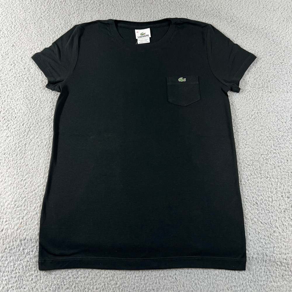 Lacoste Pocket T-Shirt Women US Size L (EU/12) Black Embroidered Logo Cotton NWT